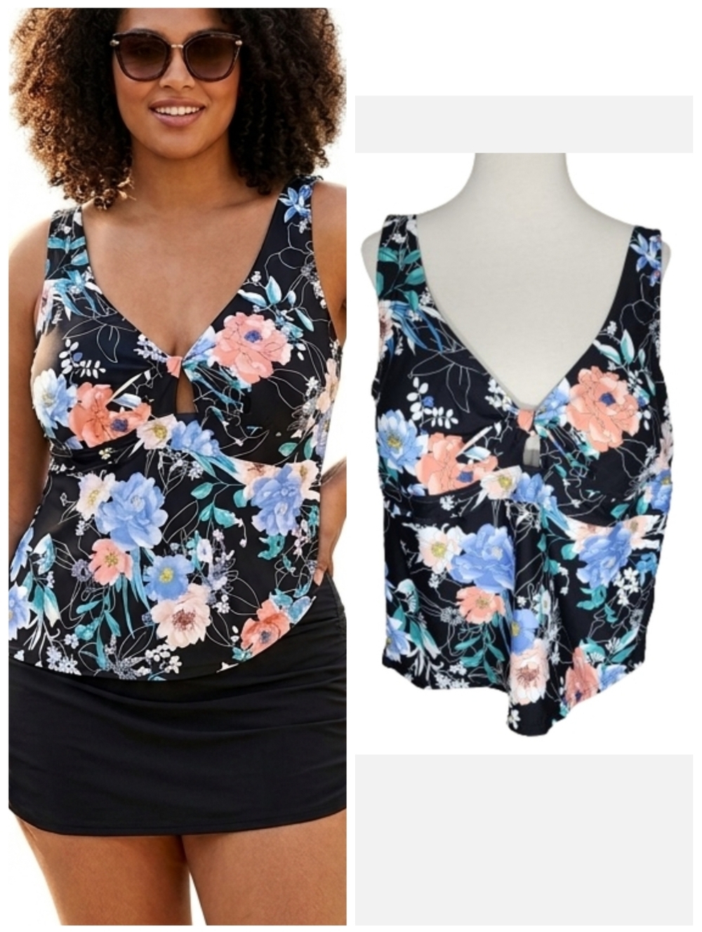 Freshwater womens plus size Black Peach Blue floral Tankini top plus size 3X NWT